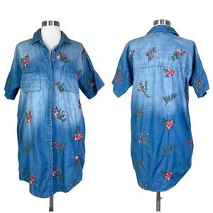 Driftwood | Mabel Floral Embroidered Denim Blue Jean Button Shirtdress Dress S
